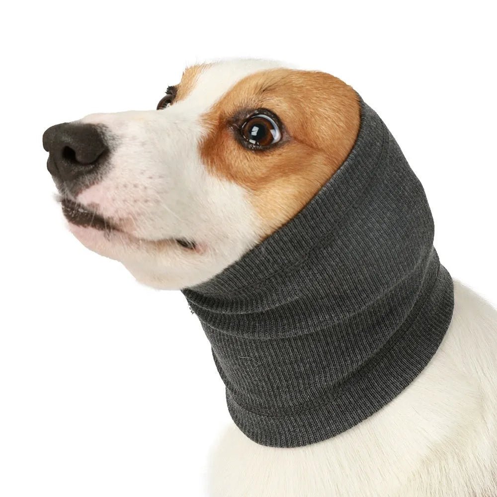 Blue or grey polyester headband scarf for dogs available in small, medium, and large sizes