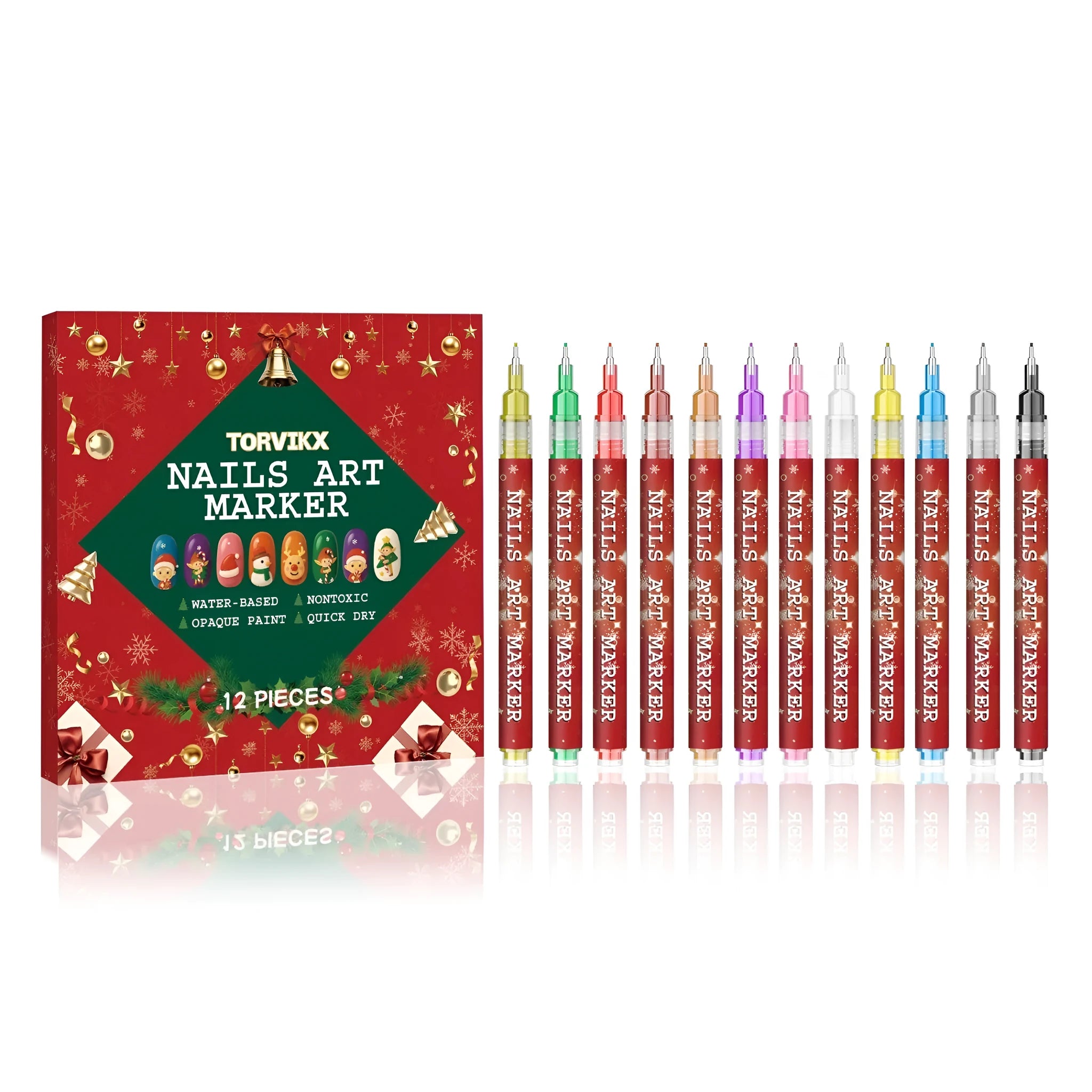 Set of 12 Christmas manicure graffiti pens in red, yellow, and blue tones for nail art