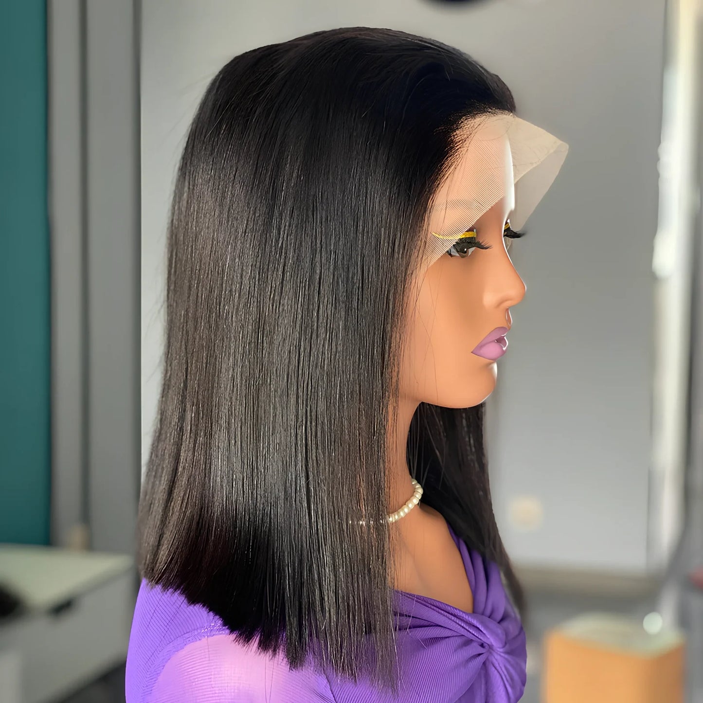 14 inch natural black bob human hair wig with 200 density, pre-plucked hairline, and 13x4 Swiss lace front for medium 22.5 inch heads