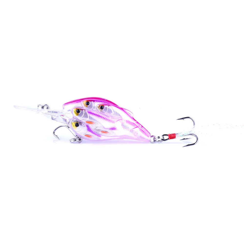 A 7.5 cm long ABS plastic fishing lure with a feather hook, shown in one of nine available colours.