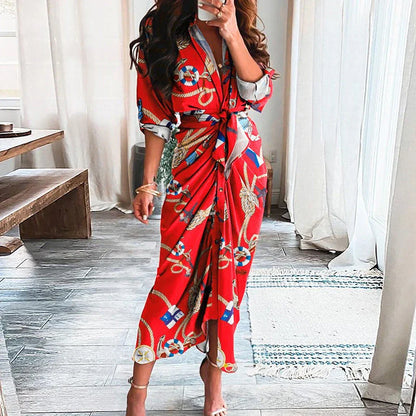 Elegant and chic floral print long-sleeved lace-up maxi dress with deep v-neck and empire waist