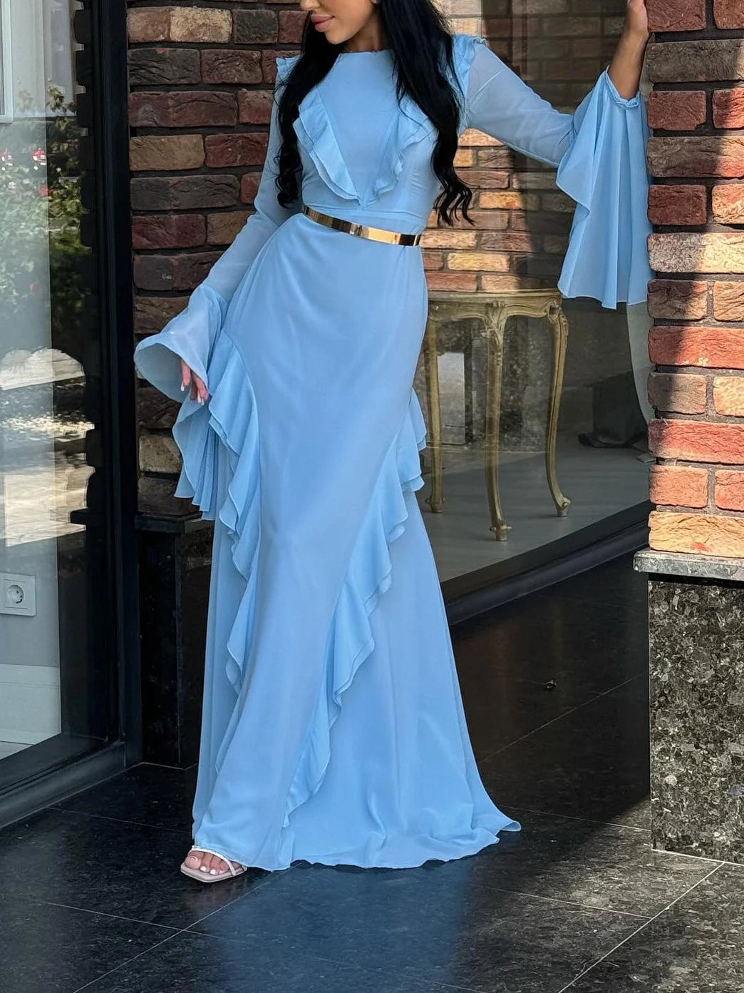 Round Neck Ruffled Long Sleeve Maxi Dress in blue and mint green, perfect for any occasion