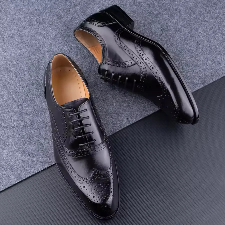 Men's purple leather Oxford shoes with hand-carved detailing and pointed toe