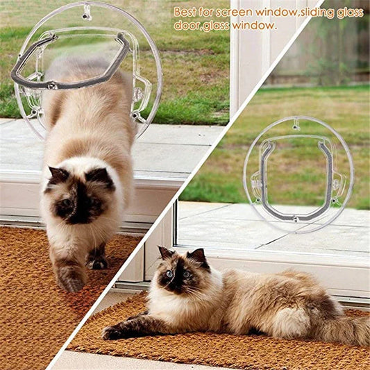 Round transparent pet door for cats and small dogs with 4-way lock