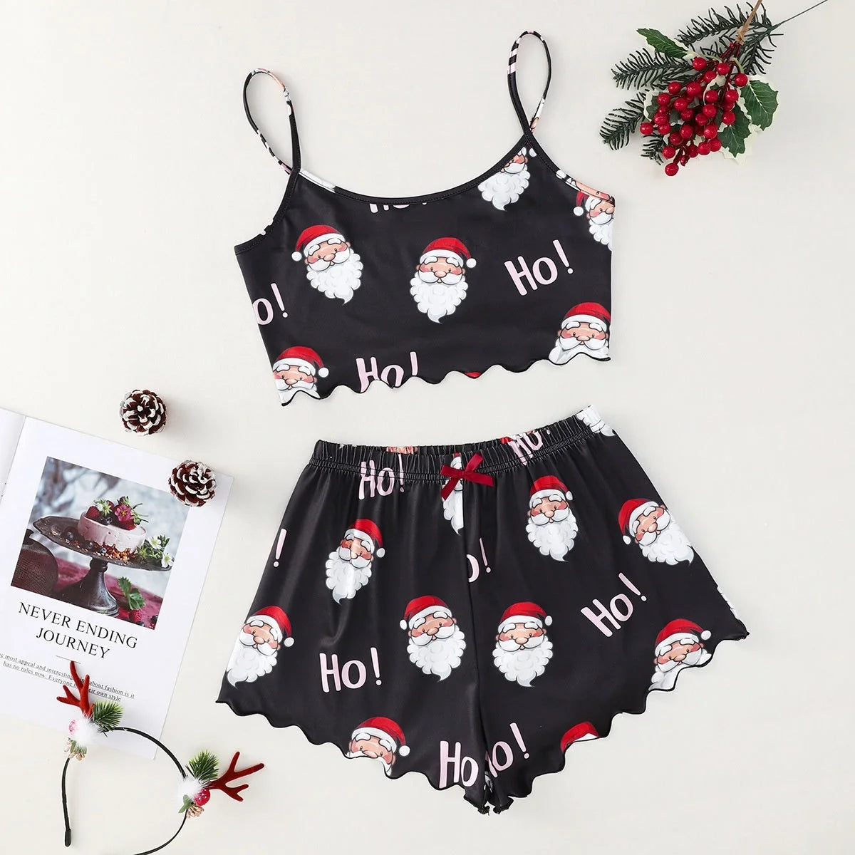 Women's Christmas-themed milk silk pajamas set with sleeveless top and shorts