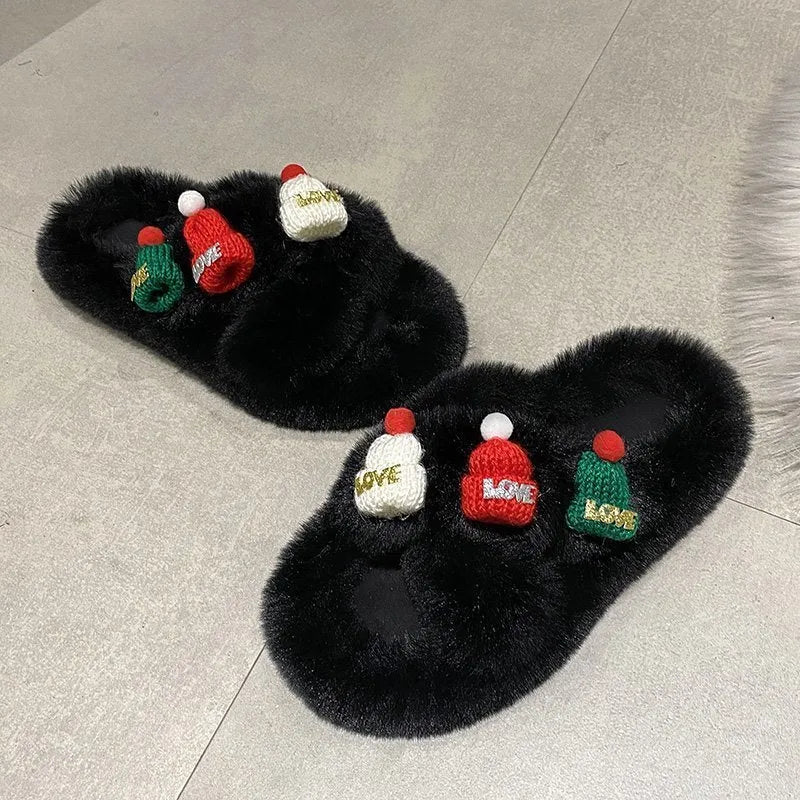 Women's Christmas hat decoration super hairy faux plush slippers in black, khaki, or white on a rubber sole.