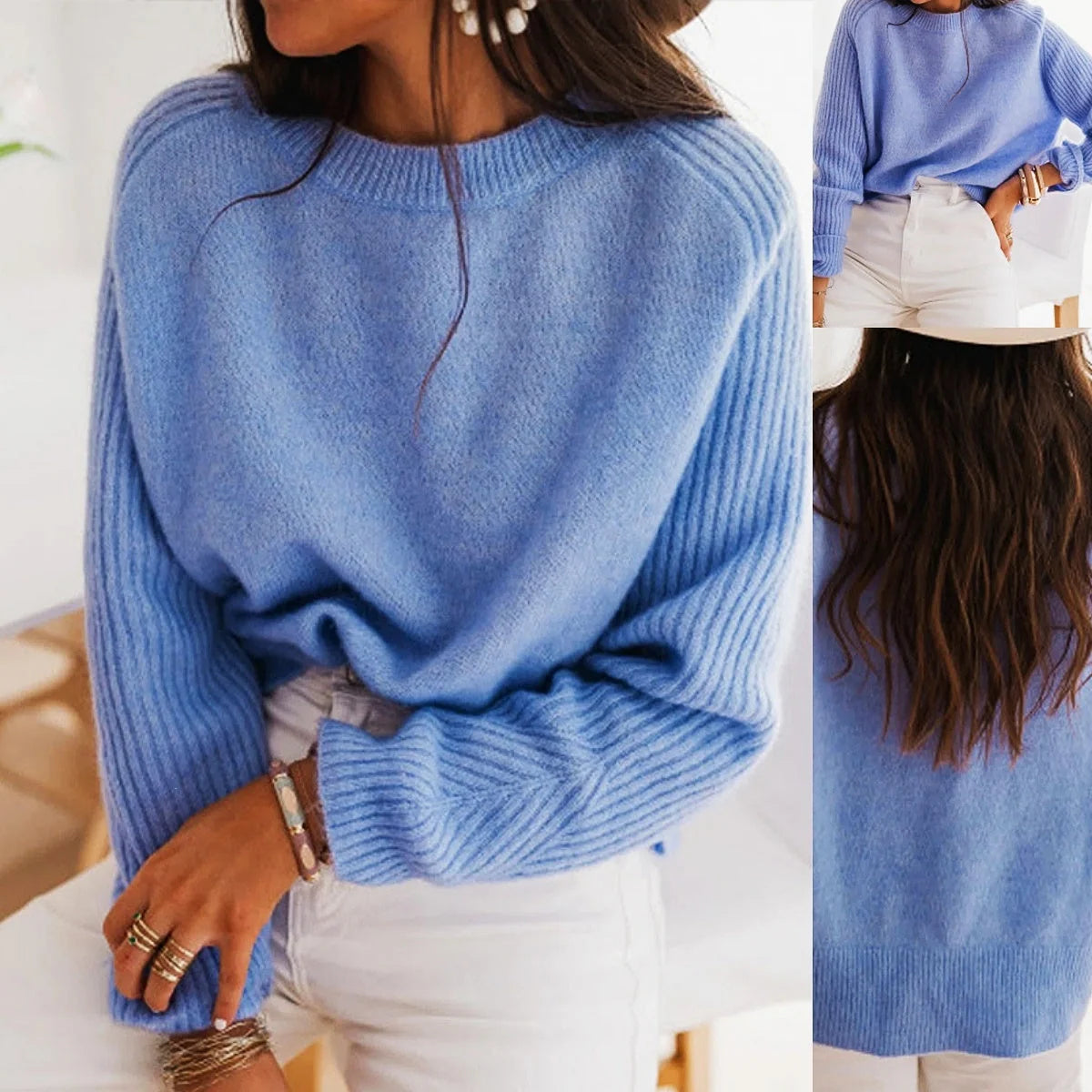 Milk blue Bedford cord sweater with round collar and long sleeves, perfect for casual wear.