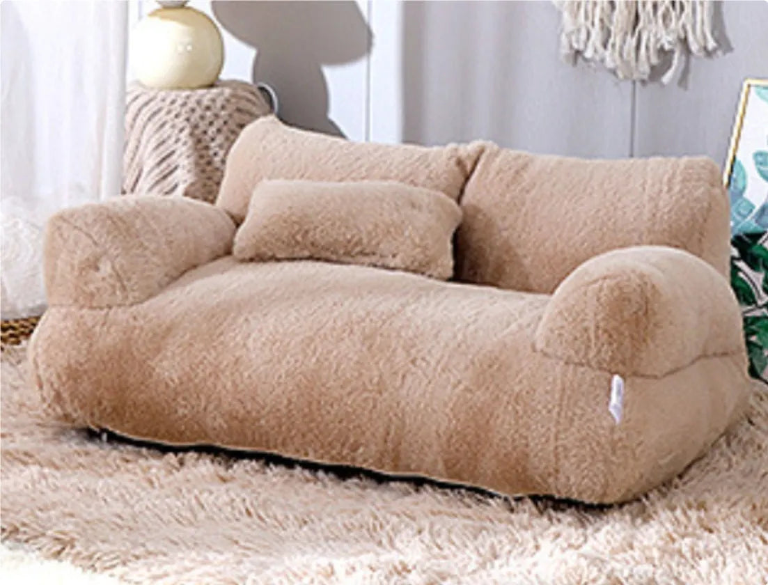 Luxury cat bed sofa in mousse coffee colour with thick backrest and plush pillow on anti-slip base