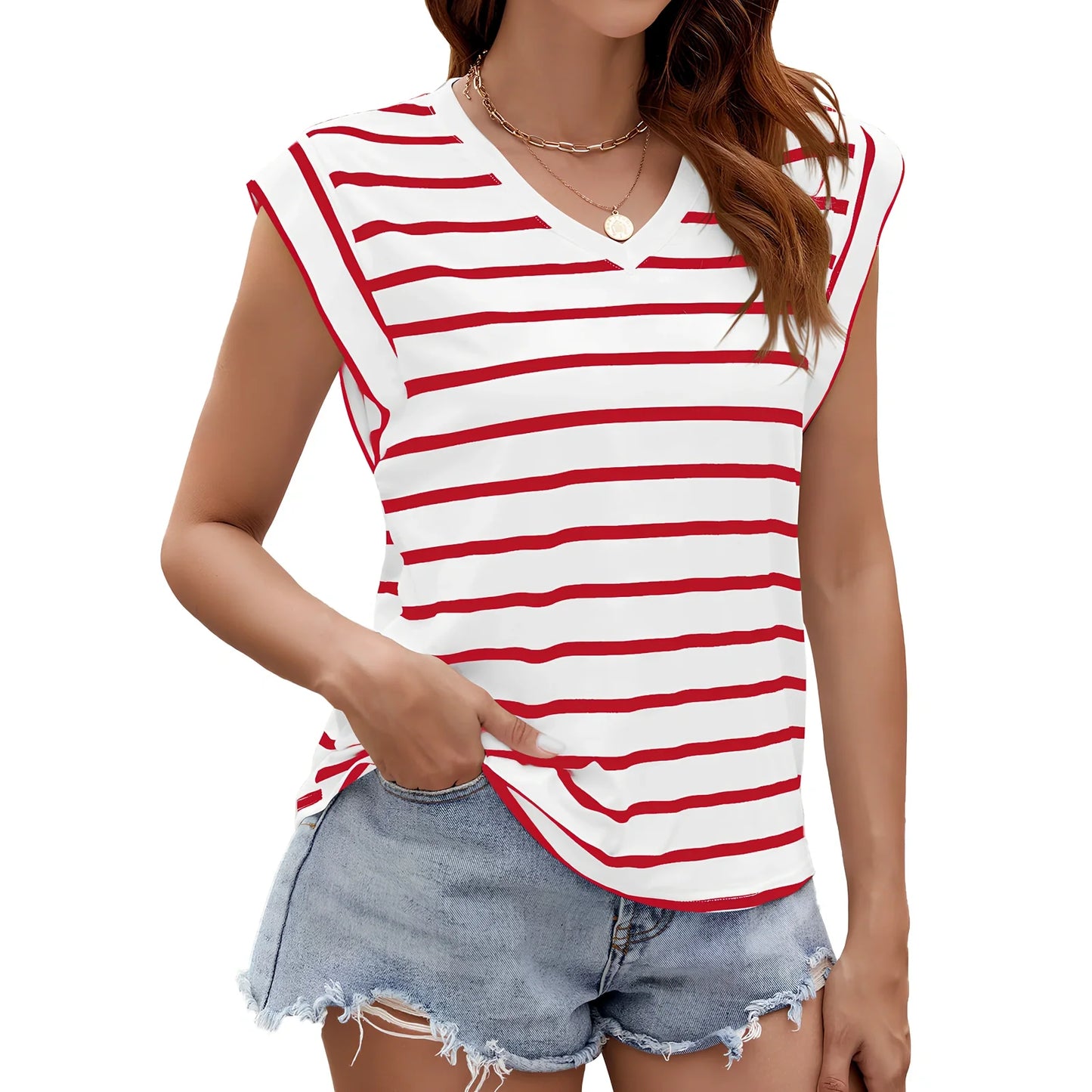Women's striped V-neck short-sleeve t-shirt in loose fit with breathable cotton-polyester blend fabric