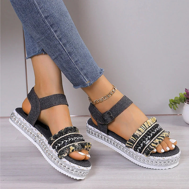 Women's denim tassel sandals with thick flat sole and hemp rope design