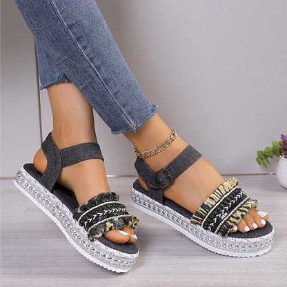 Women's denim tassel sandals with thick flat sole and hemp rope design