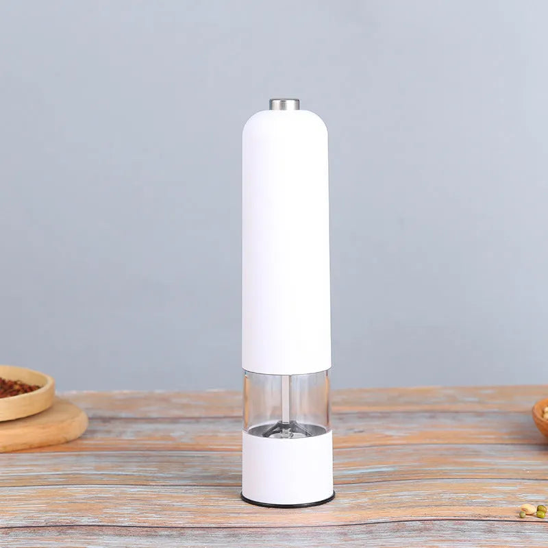 Silver electric salt and pepper grinder set stainless steel and acrylic glass 22.3cm tall