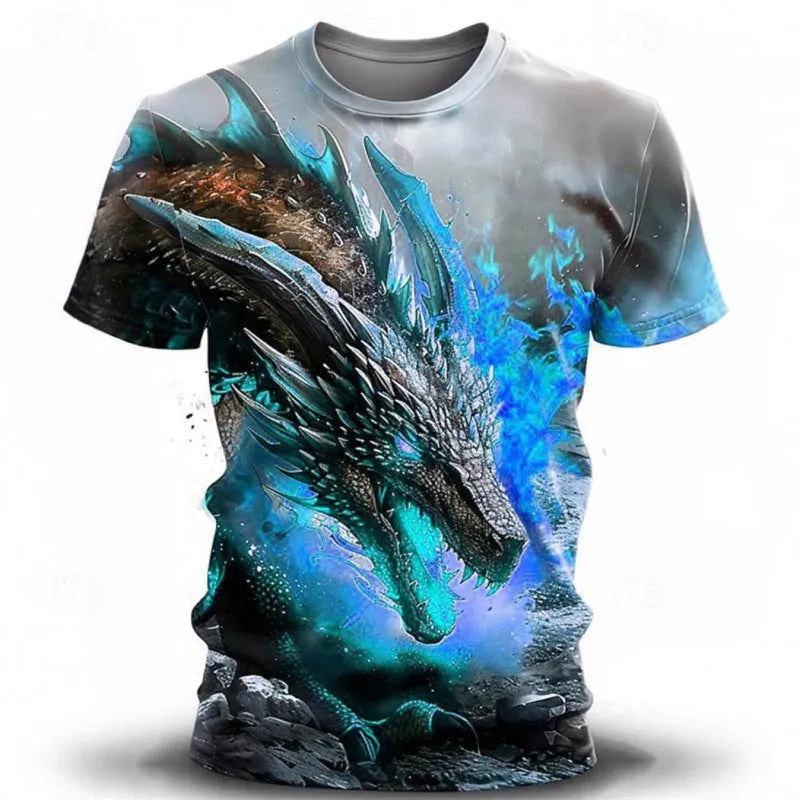 Men's short-sleeved T-shirt with 3D wind dragon printed design in thin milk silk polyester fabric