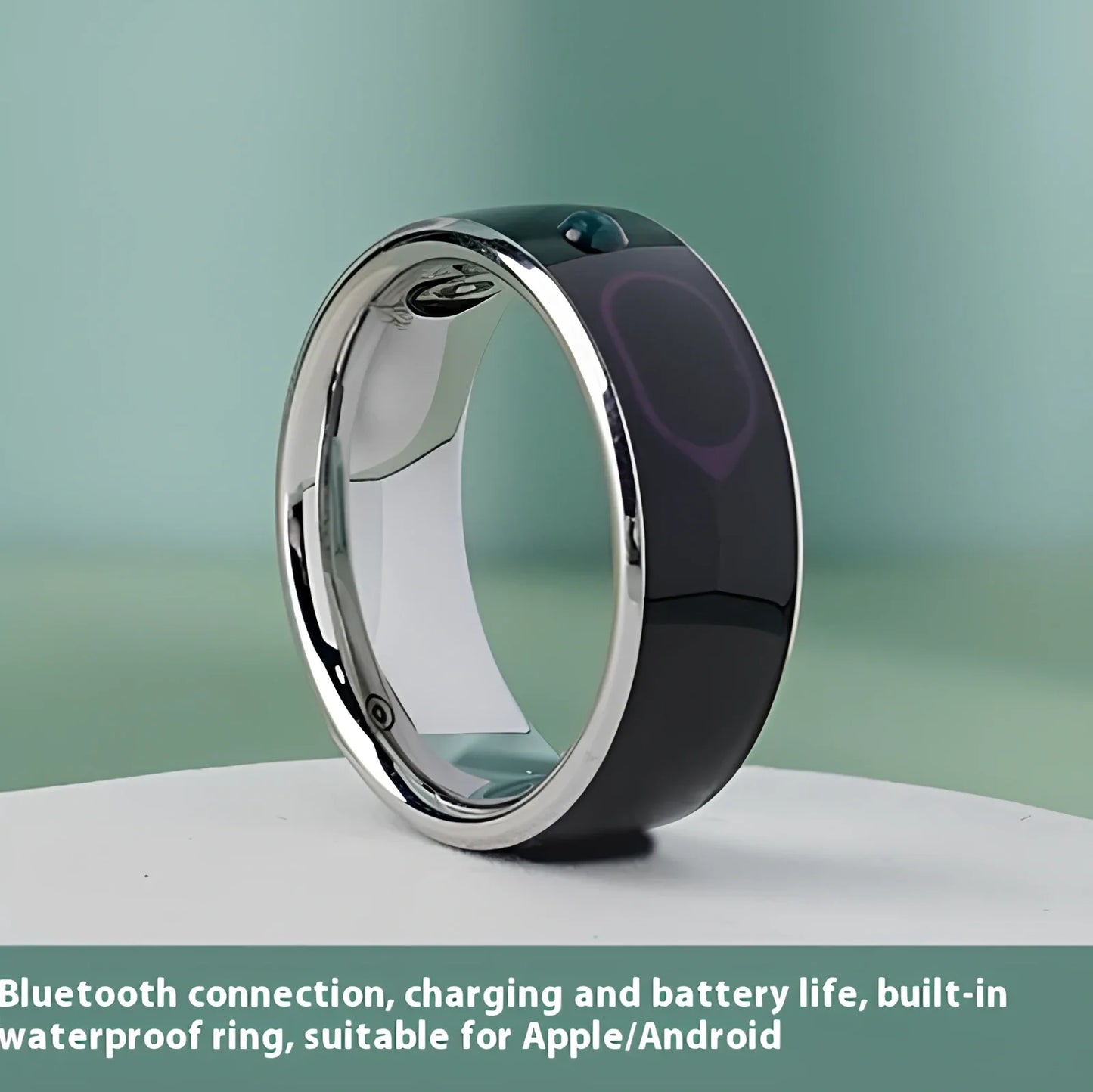 Smart Bluetooth ring wearable device showing seven size options from 52mm to 75mm circumference with NFC function