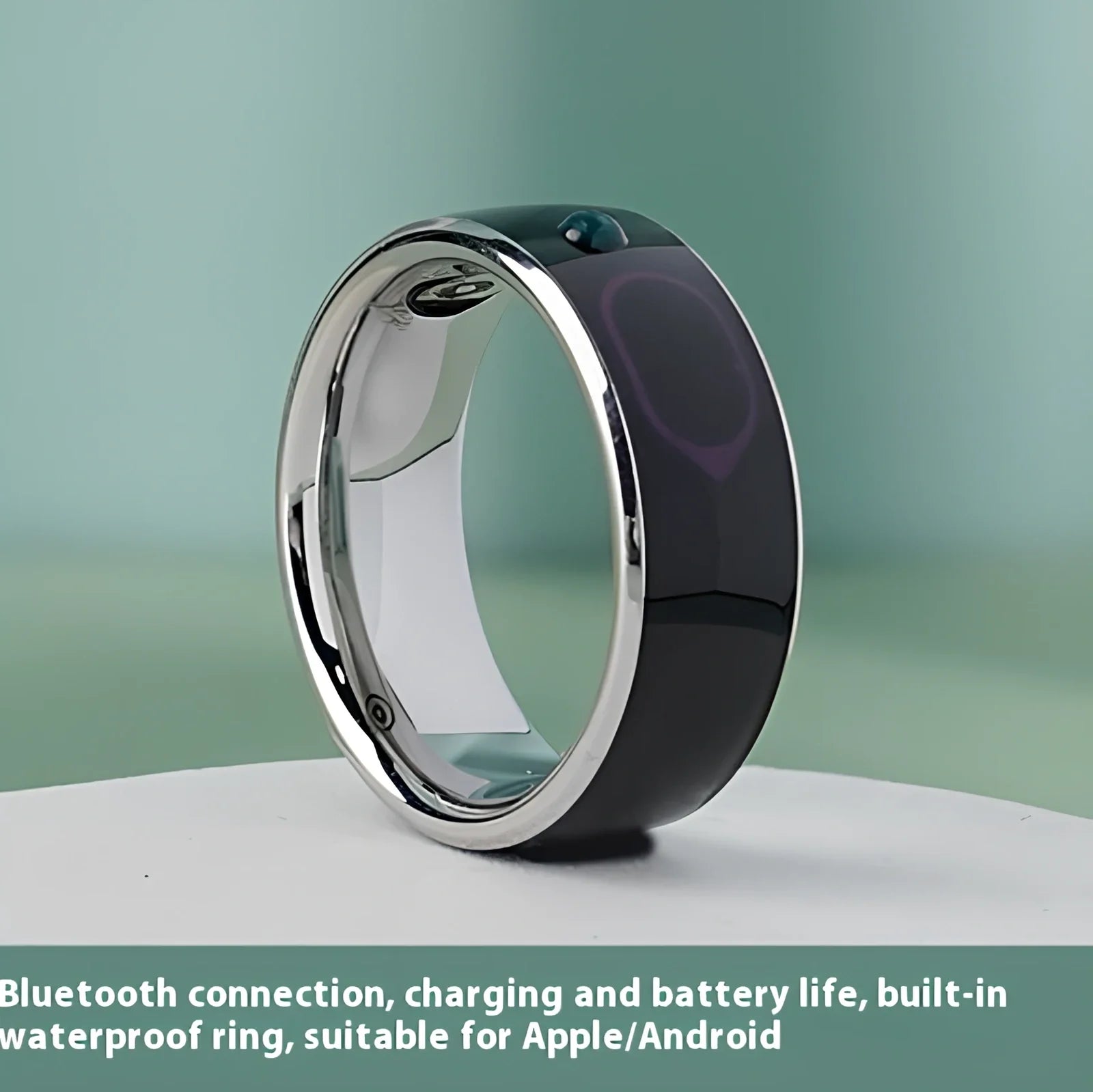 Smart Bluetooth ring wearable device showing seven size options from 52mm to 75mm circumference with NFC function