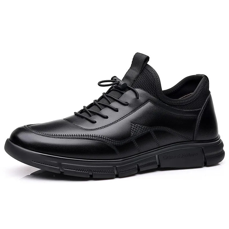 Black men's casual leather shoes with a round toe, square low heel, and a stitched leather upper on a rubber sole.