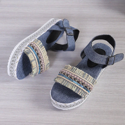 Women's denim tassel sandals with thick flat sole and hemp rope design
