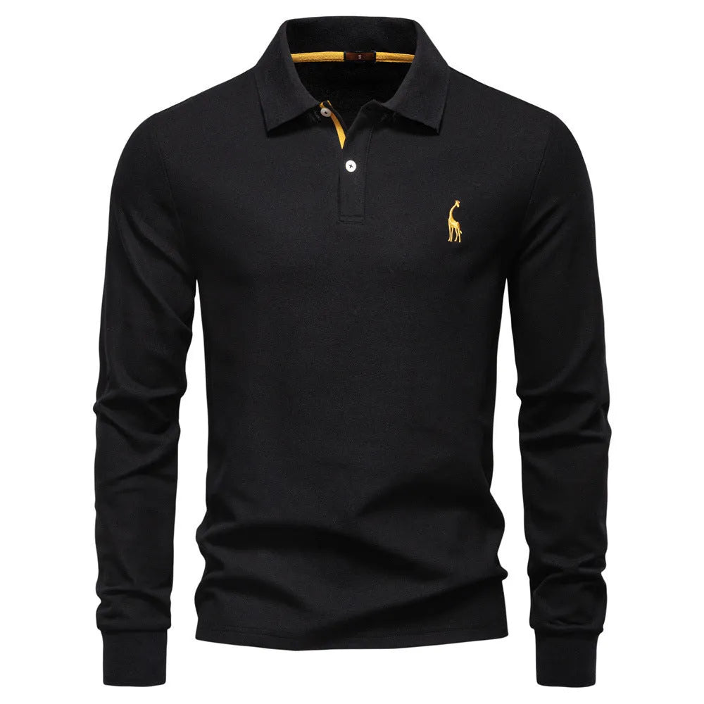 Cotton blend long sleeve solid colour casual polo shirt in army green for autumn leisure wear