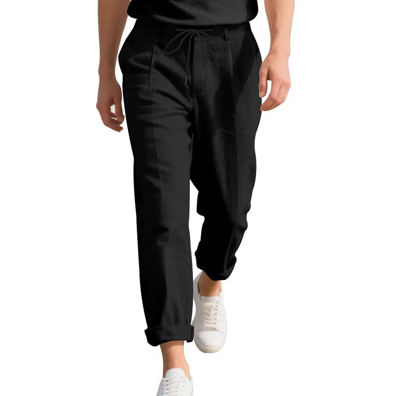 Men's linen casual trousers in straight-leg style with drawstring waist in multiple colour options