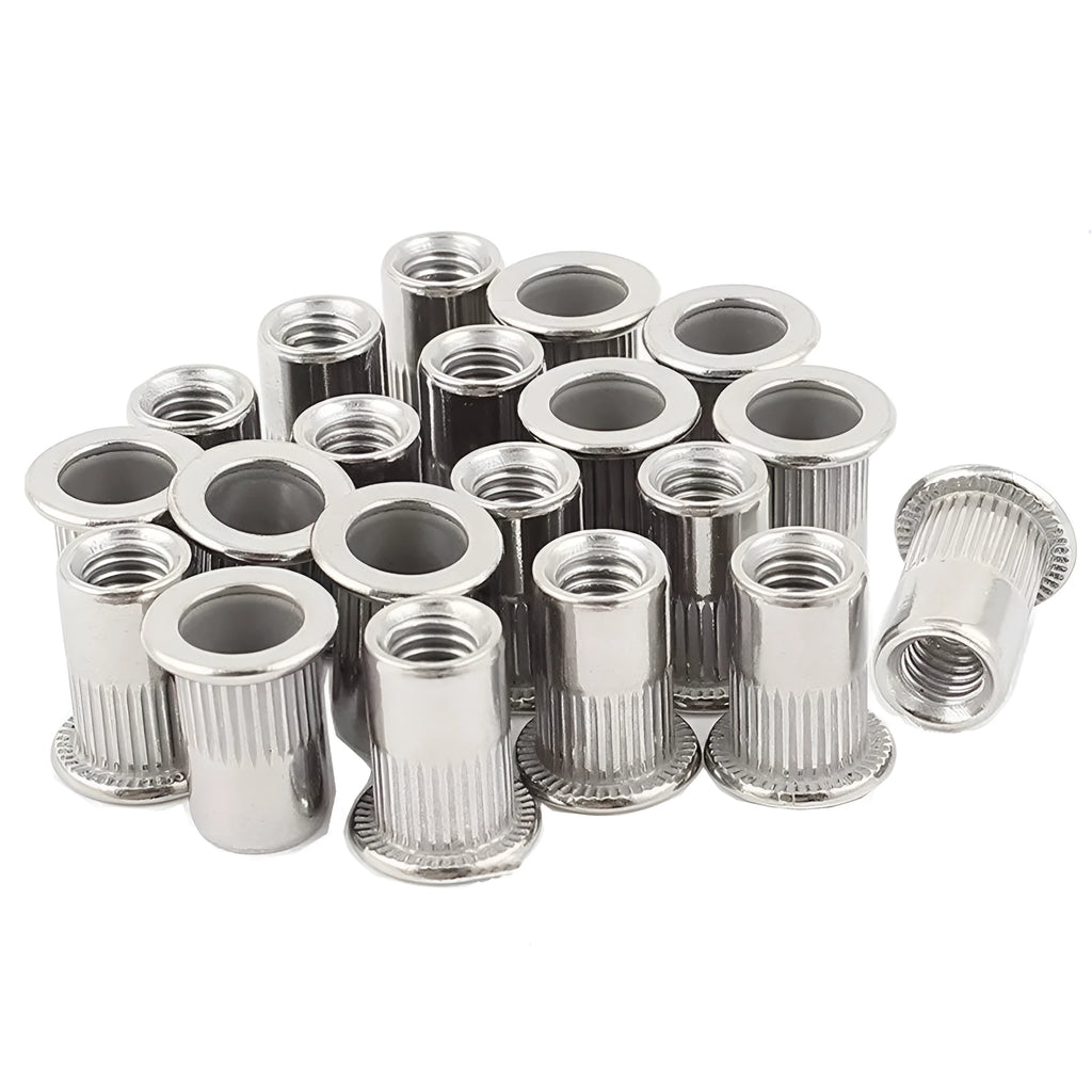 304 stainless steel flat head threaded rivet nut kit with 5/16-18 UNC thread, 0.4in body diameter, 1.5cm head, and 0.75in length