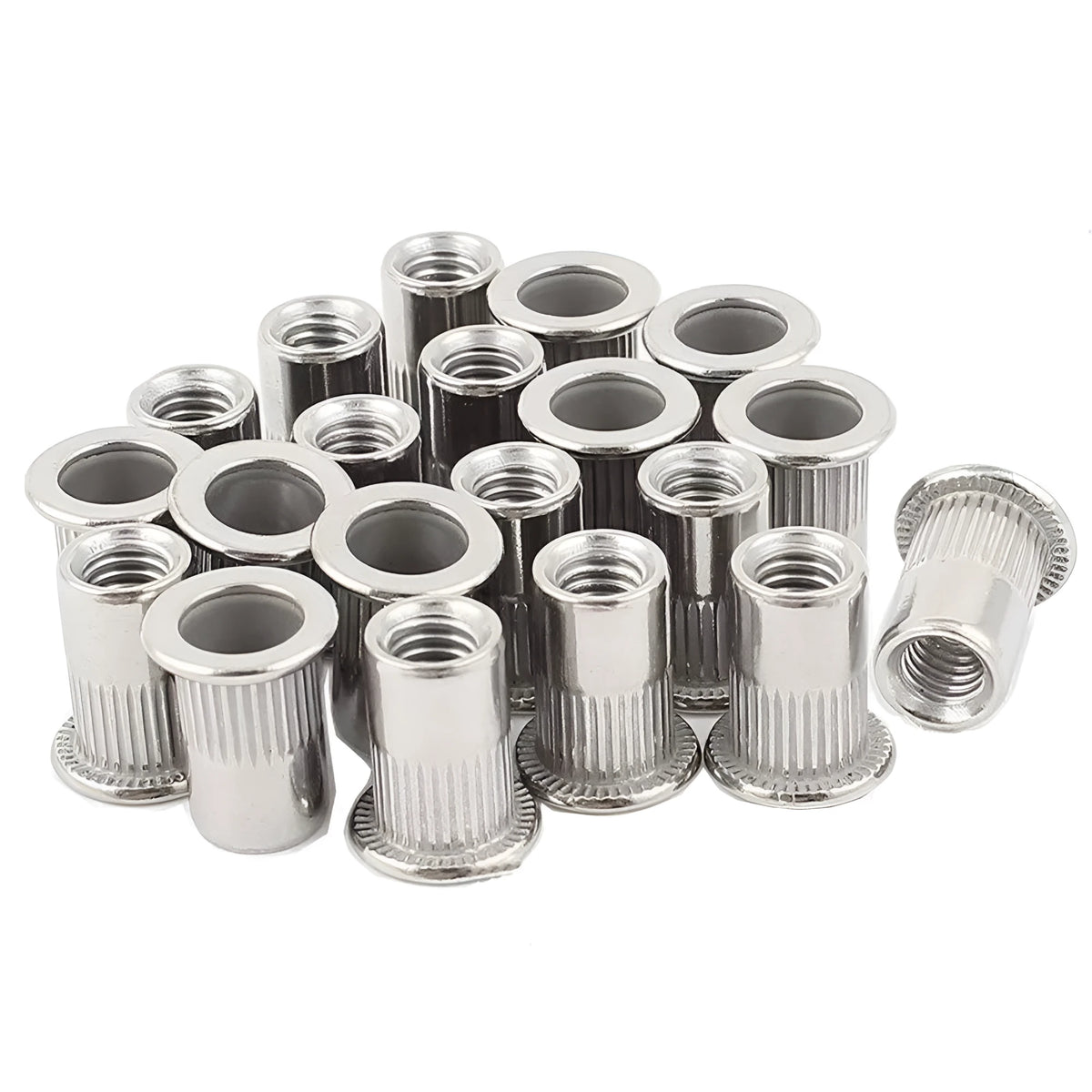 304 stainless steel flat head threaded rivet nut kit with 5/16-18 UNC thread, 0.4in body diameter, 1.5cm head, and 0.75in length