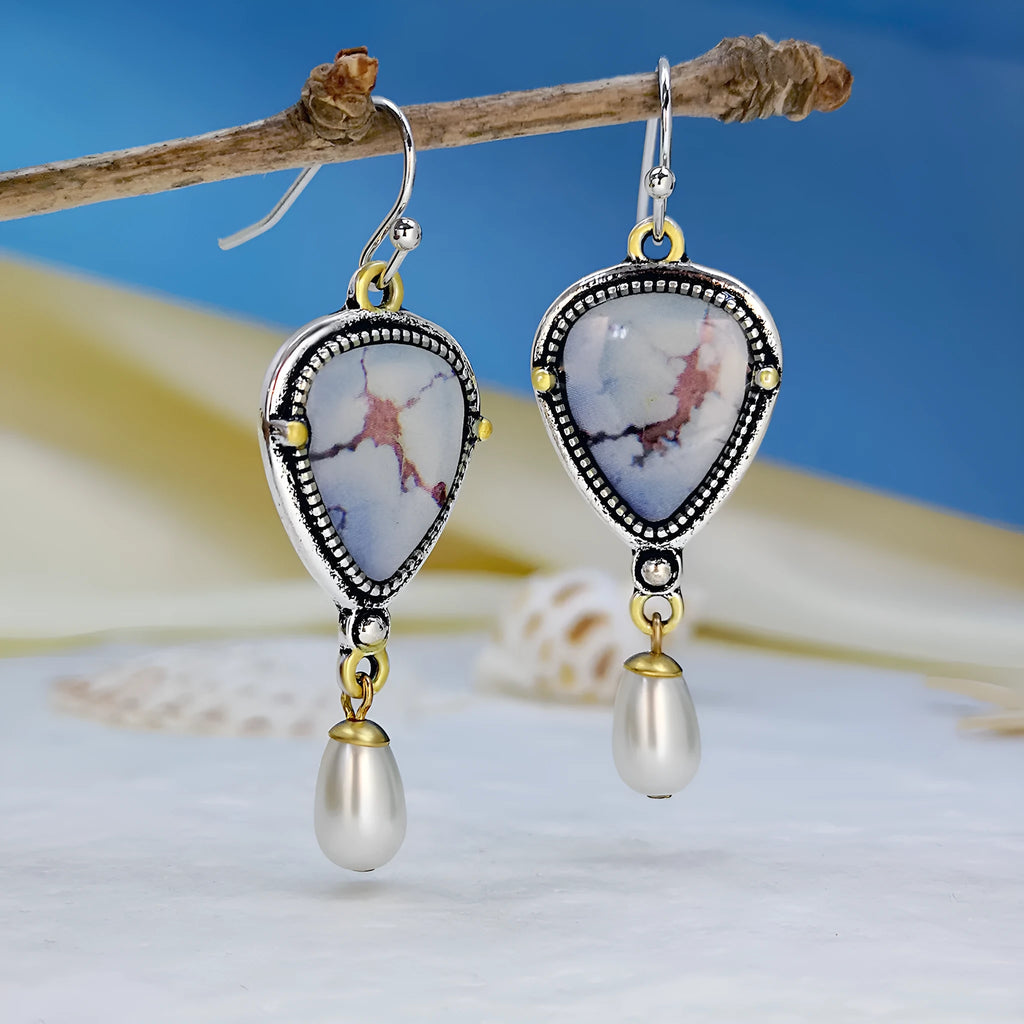 Retro blue women's drop earrings with synthetic opal, pearl, and geometric metalwork.