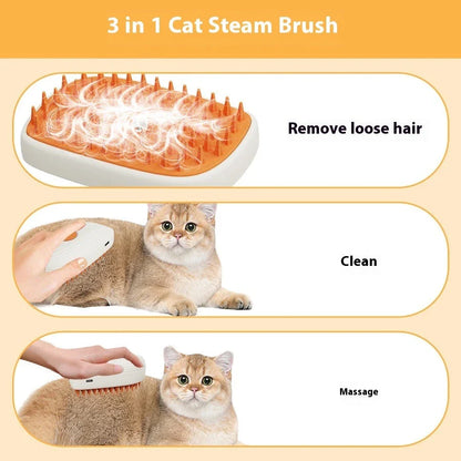 Rechargeable pet grooming brush with soothing steam massage function, designed for a comfortable and effective grooming experience for cats.