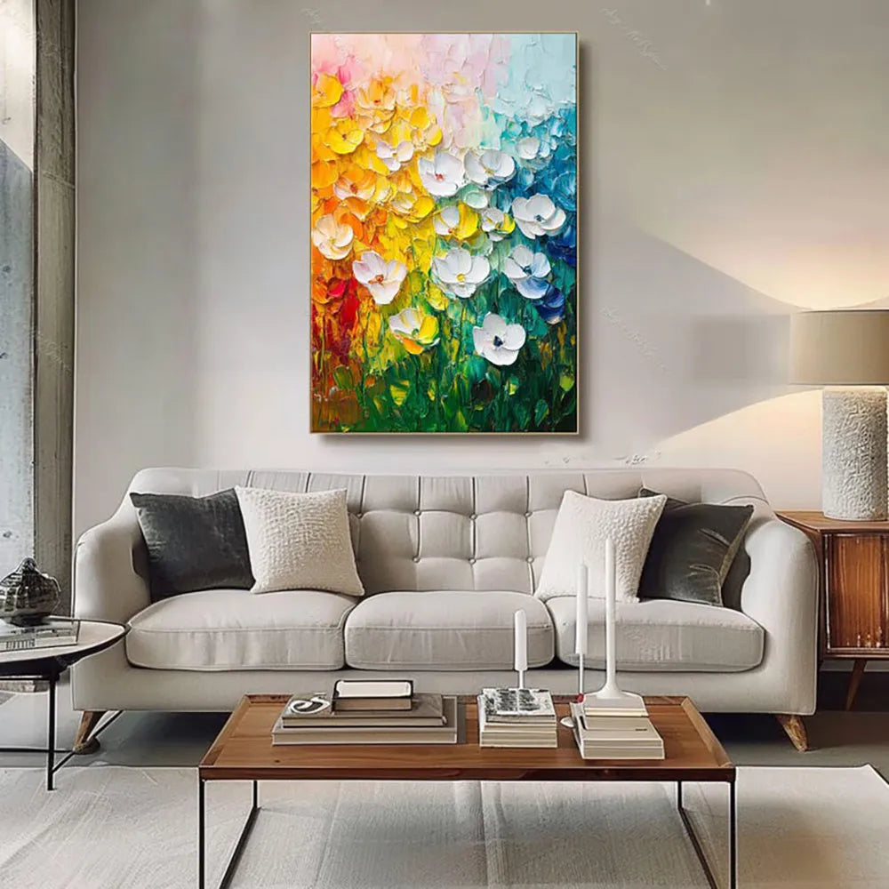Handmade oil painting canvas wall art with thick oil 3D texture flowers modern abstract frameless rolled