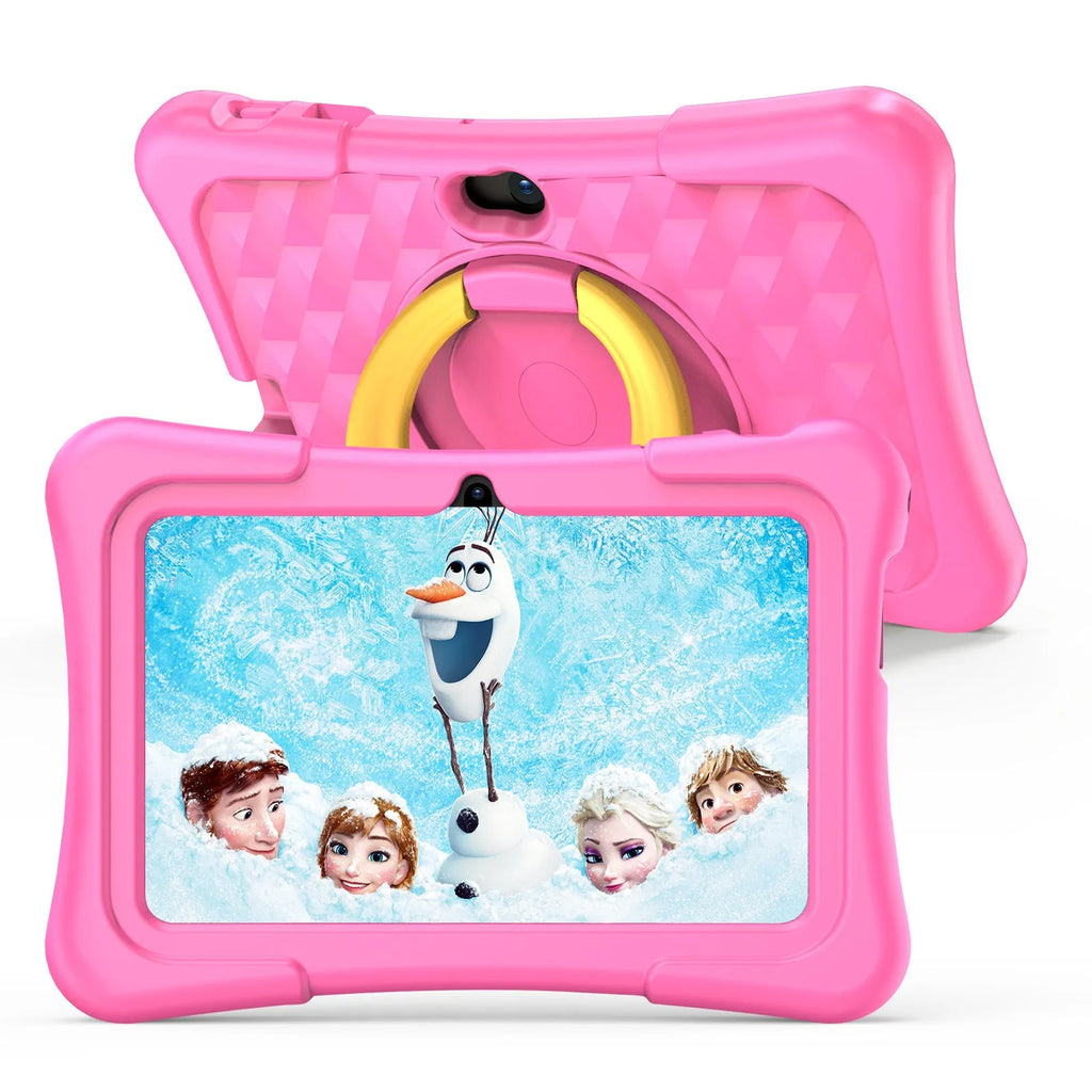 Blue children's 7-inch tablet with a silicone protective cover and a white rotating handle bracket attached.