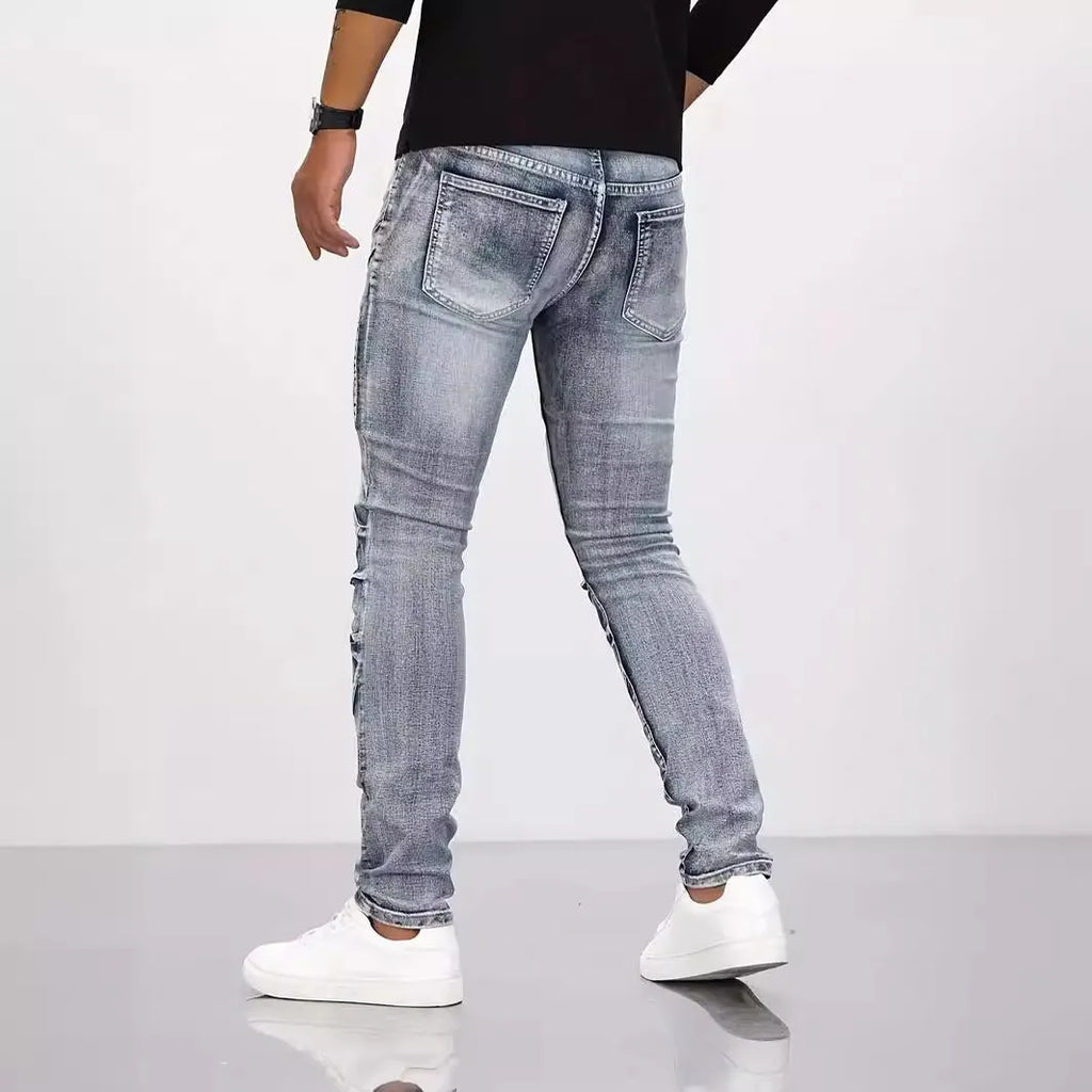 Retro casual stretch motorcycle jeans for men in light blue cotton denim, mid waist skinny fit with zip placket