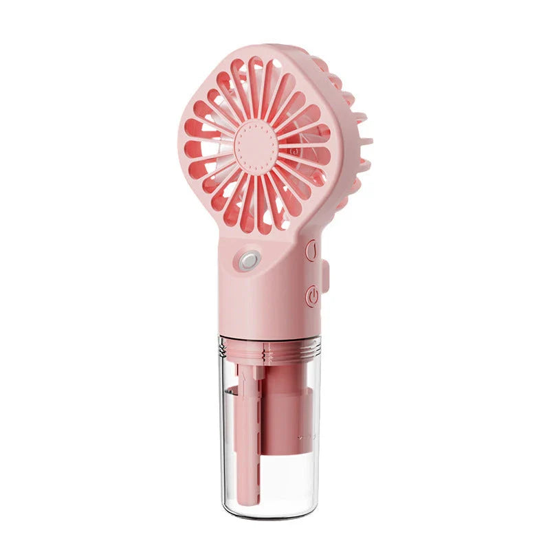 Powerful mini fan with mist humidification feature, delivering icy-cool, hydrating airflow for refreshing comfort