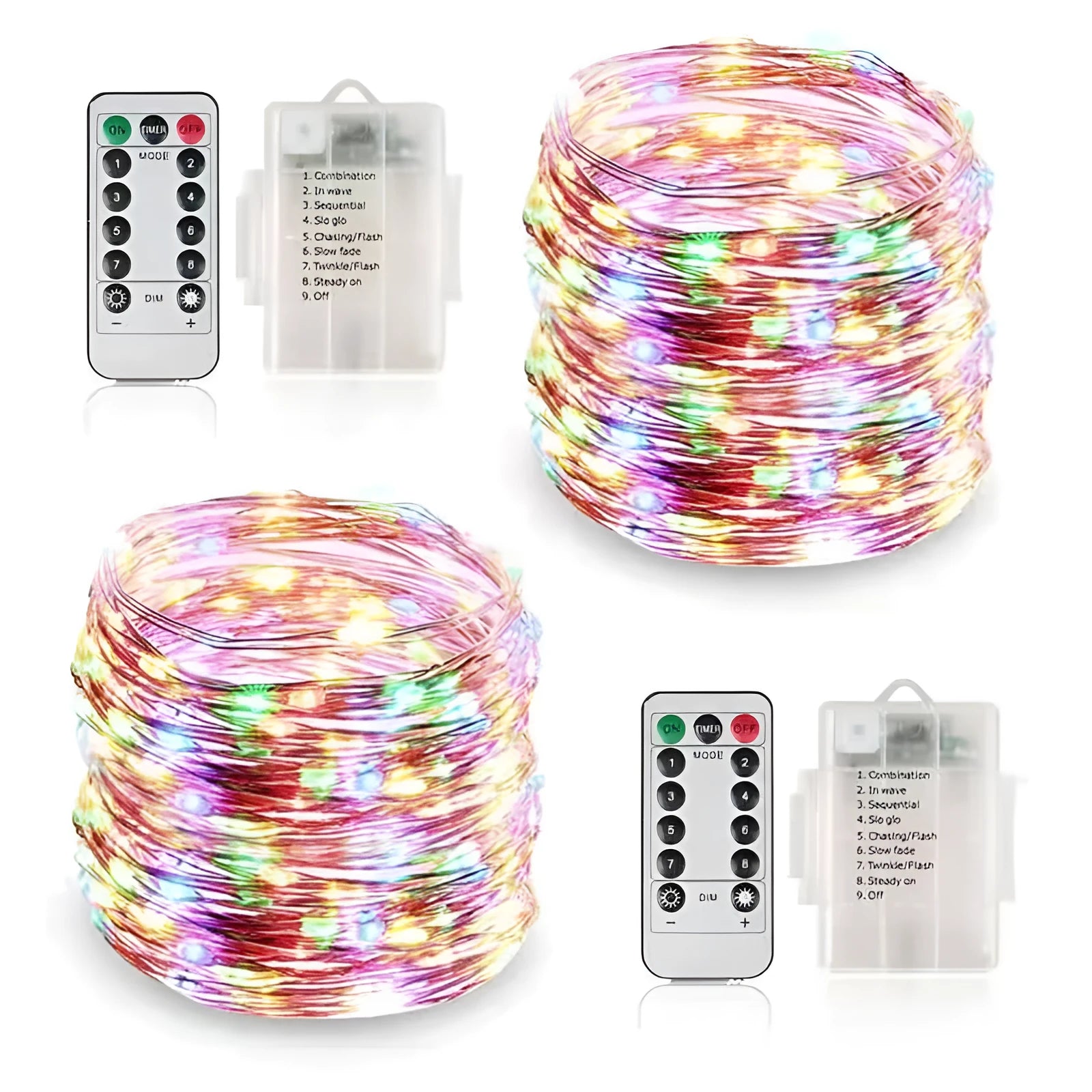 12-metre long copper wire LED string lights with battery box, showing multiple colour options.