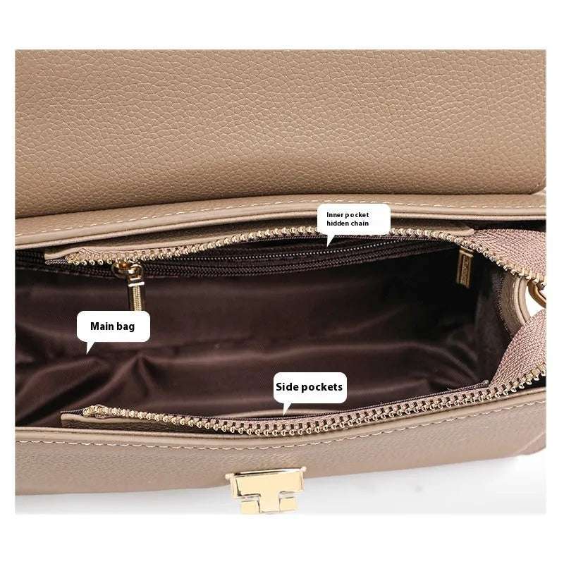 Elephant grey genuine leather vintage handbag with litchi pattern lock and file bag internal structure