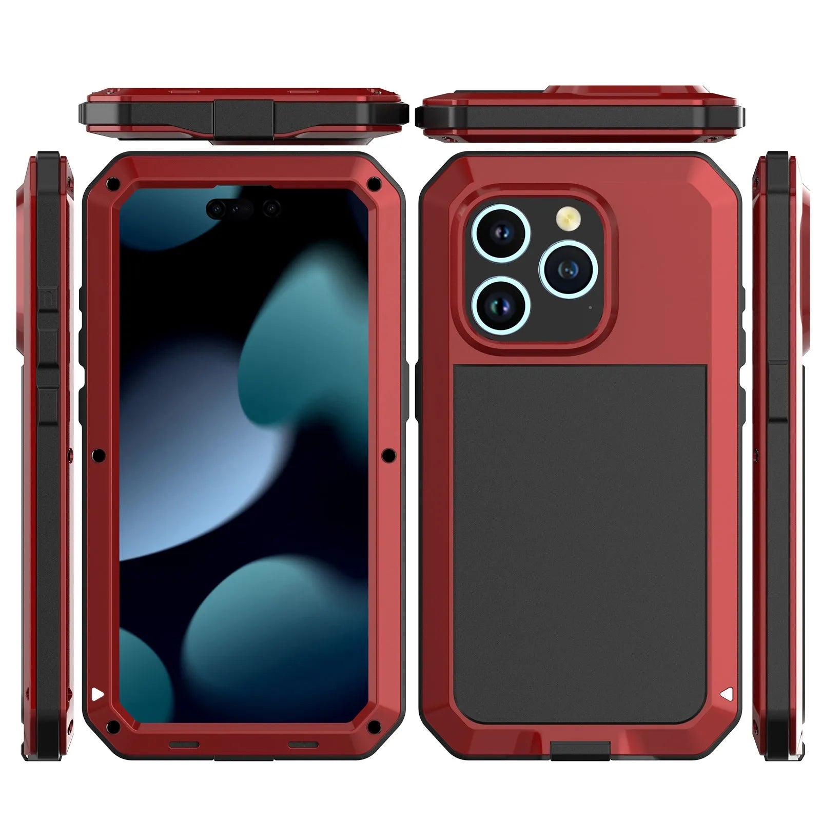 Metal three-proof phone case for iPhone in black, all-inclusive design with cutouts for ports and camera