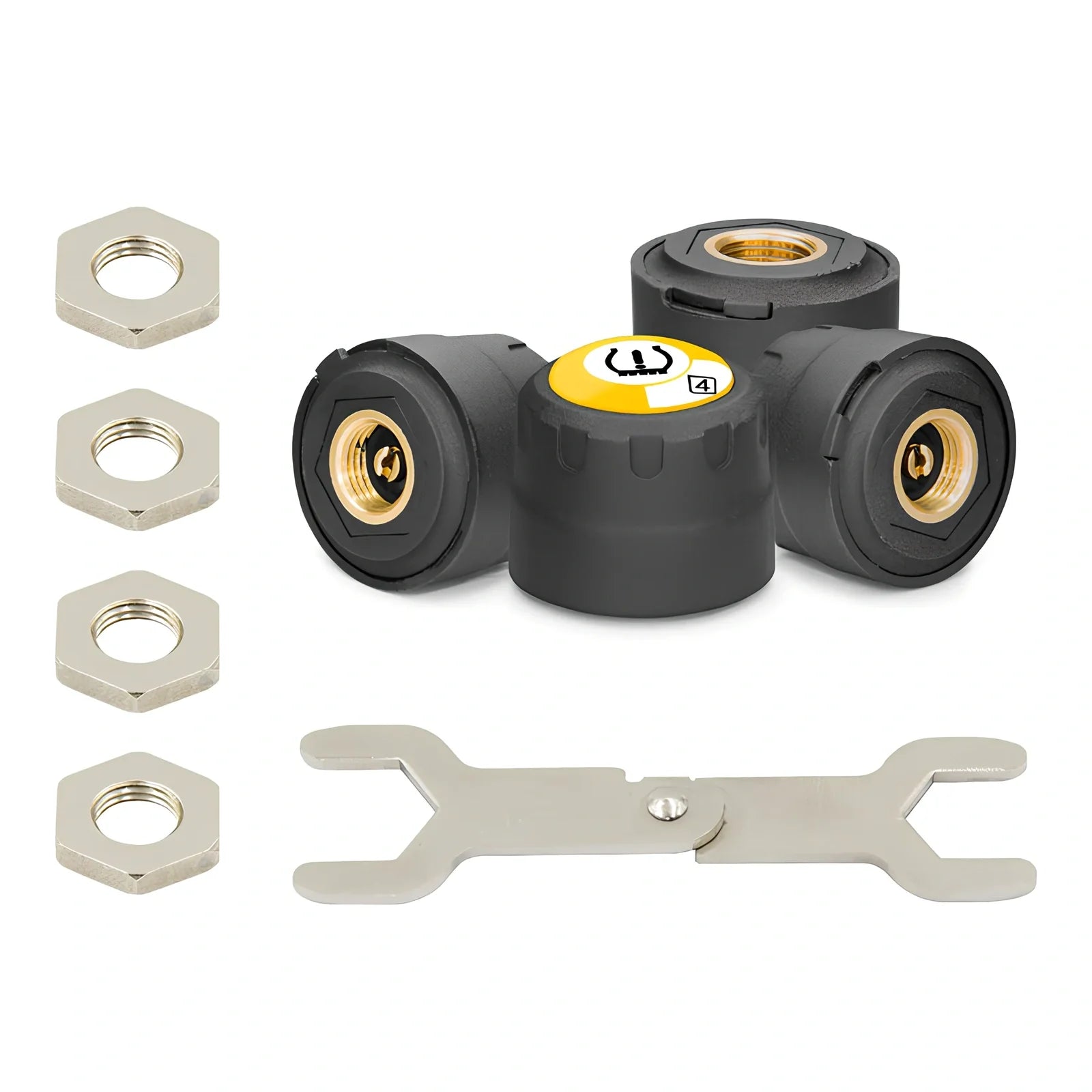 Bluetooth external tyre pressure monitor JVC11-B attached to car valve, showing smartphone app alert for 2.3 bar reading