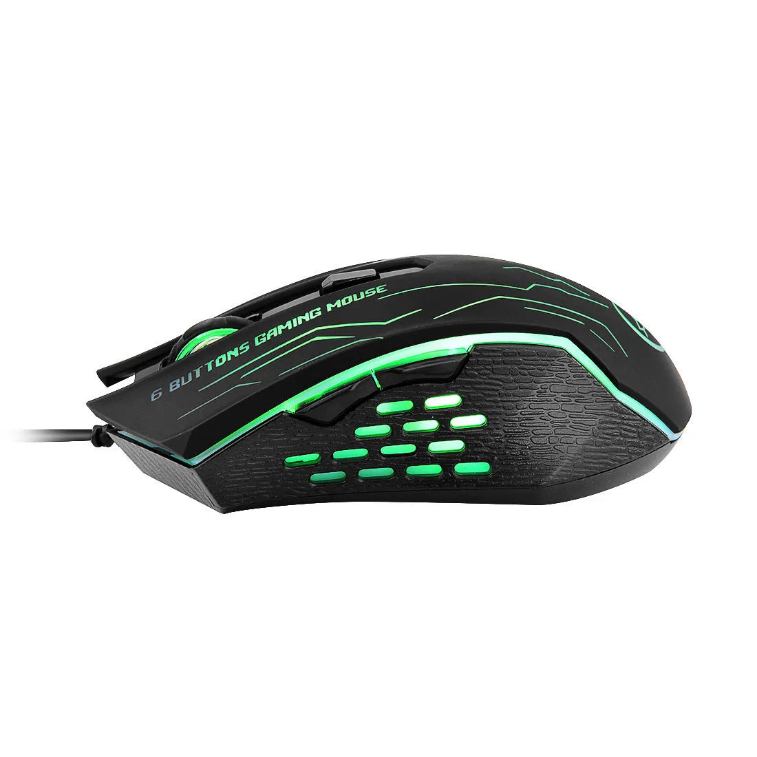 Black wired gaming mouse with colourful breathing light, 6 buttons, USB cable, and adjustable DPI