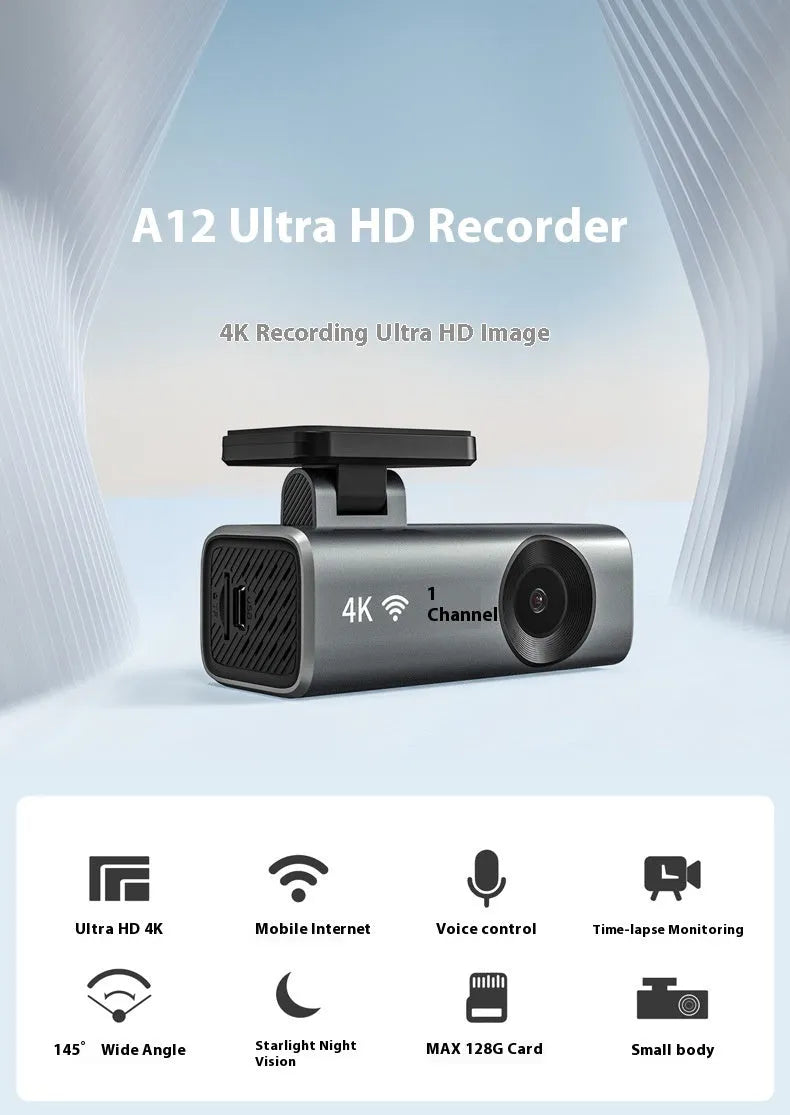 4K hidden driving recorder without screen, mounted behind car rear-view mirror, with night vision capability