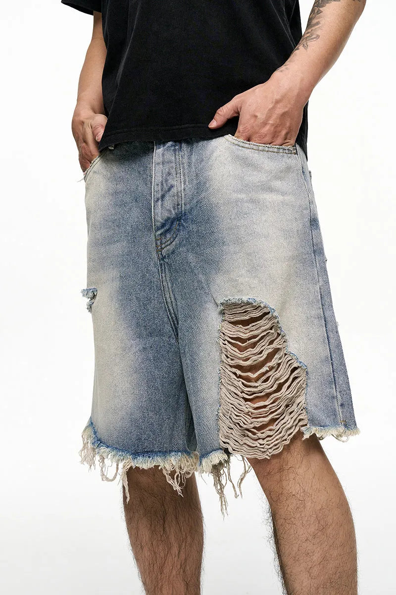 Men's light blue retro washed denim shorts with a baggy wide-leg fit on a mid-rise waist.
