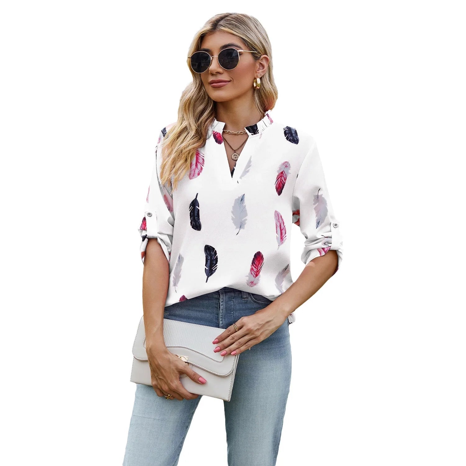 V-neck feather printed loose shirt in various colours, showcasing unique design and comfortable fit