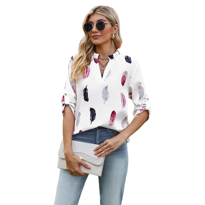 V-neck feather printed loose shirt in various colours, showcasing unique design and comfortable fit