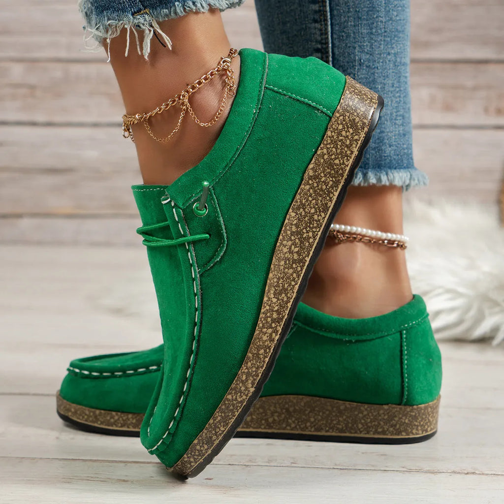 Women's green elastic slip-on casual shoes with PU upper, low top, round toe, flat heel