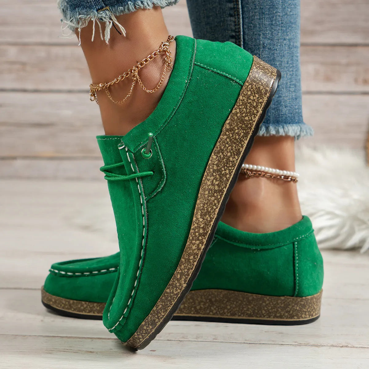 Women's green elastic slip-on casual shoes with PU upper, low top, round toe, flat heel