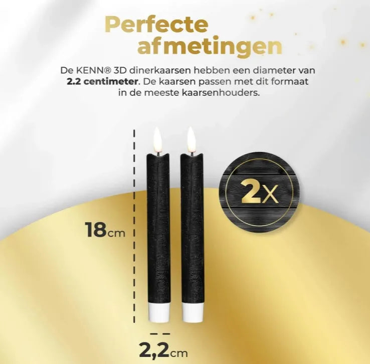 Set of four tall black LED taper candles with realistic flickering 3D flame tips.