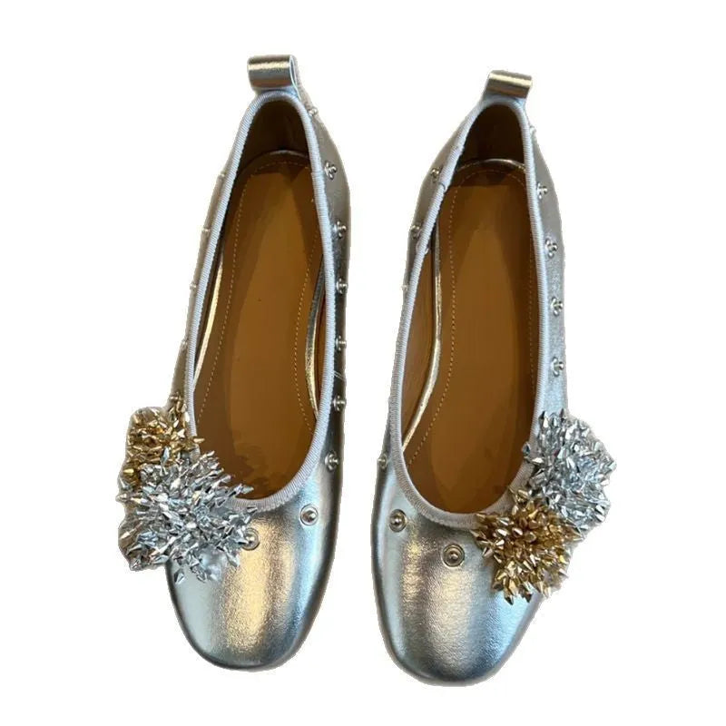 Sheepskin DIY Mary Jane shoes with buckle, flat rubber sole, in silver, black, or green for adding flower rivets.