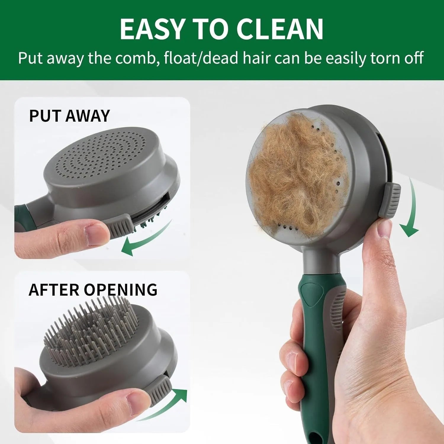 Green two-sided pet grooming brush showing slicker brush and silicone massager sides with anti-slip handle