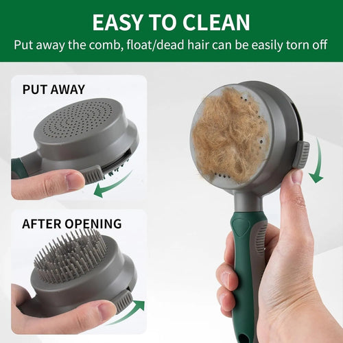 Green two-sided pet grooming brush showing slicker brush and silicone massager sides with anti-slip handle