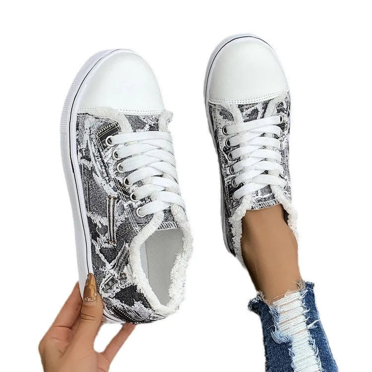 Plus size flat canvas shoes low top animal print Denim Blue side view