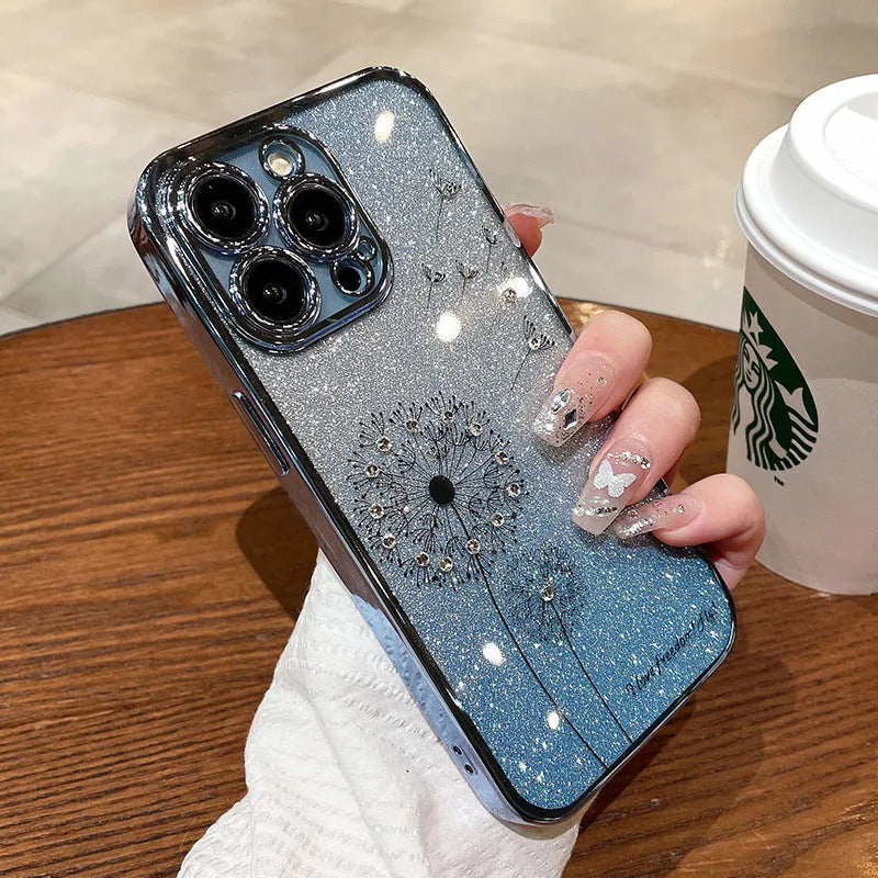 Dandelion gradient glitter silicone phone case for Apple iPhone in purple, drop resistant heat dissipation design