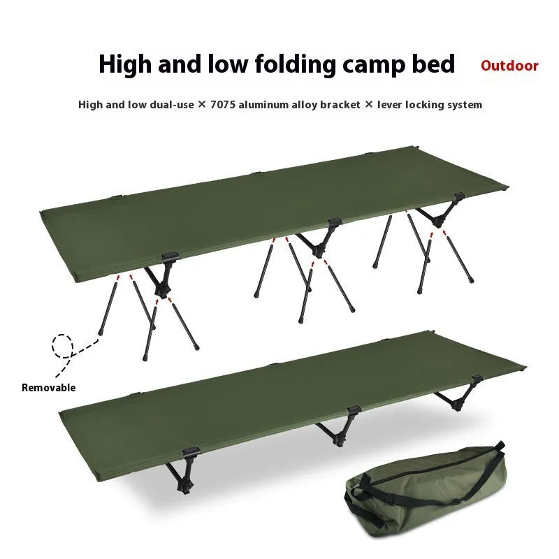 Portable folding camp bed with aluminium brackets in khaki colour, shown folded and in storage bag
