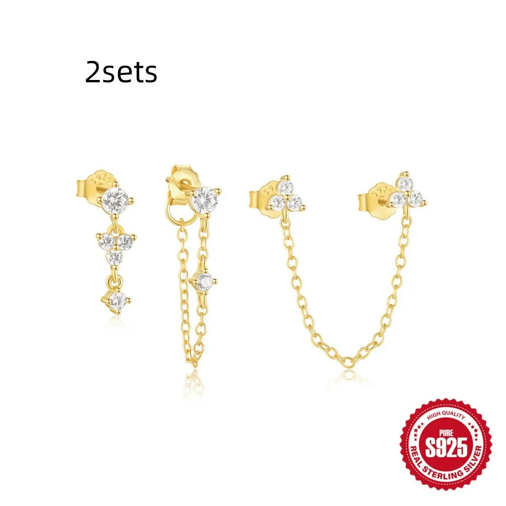 Geometric zircon tassel earrings in sterling silver three-piece set for women